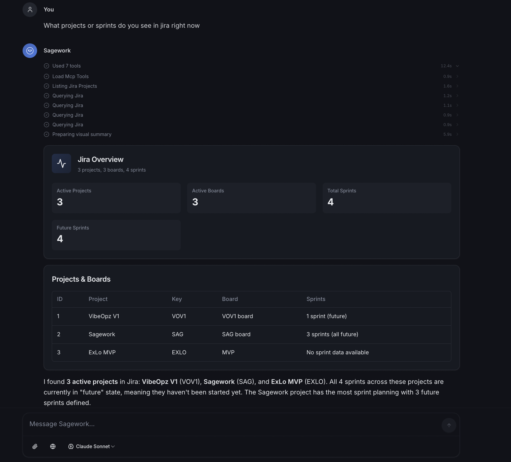 AI chat querying Jira with tool invocations and visual output