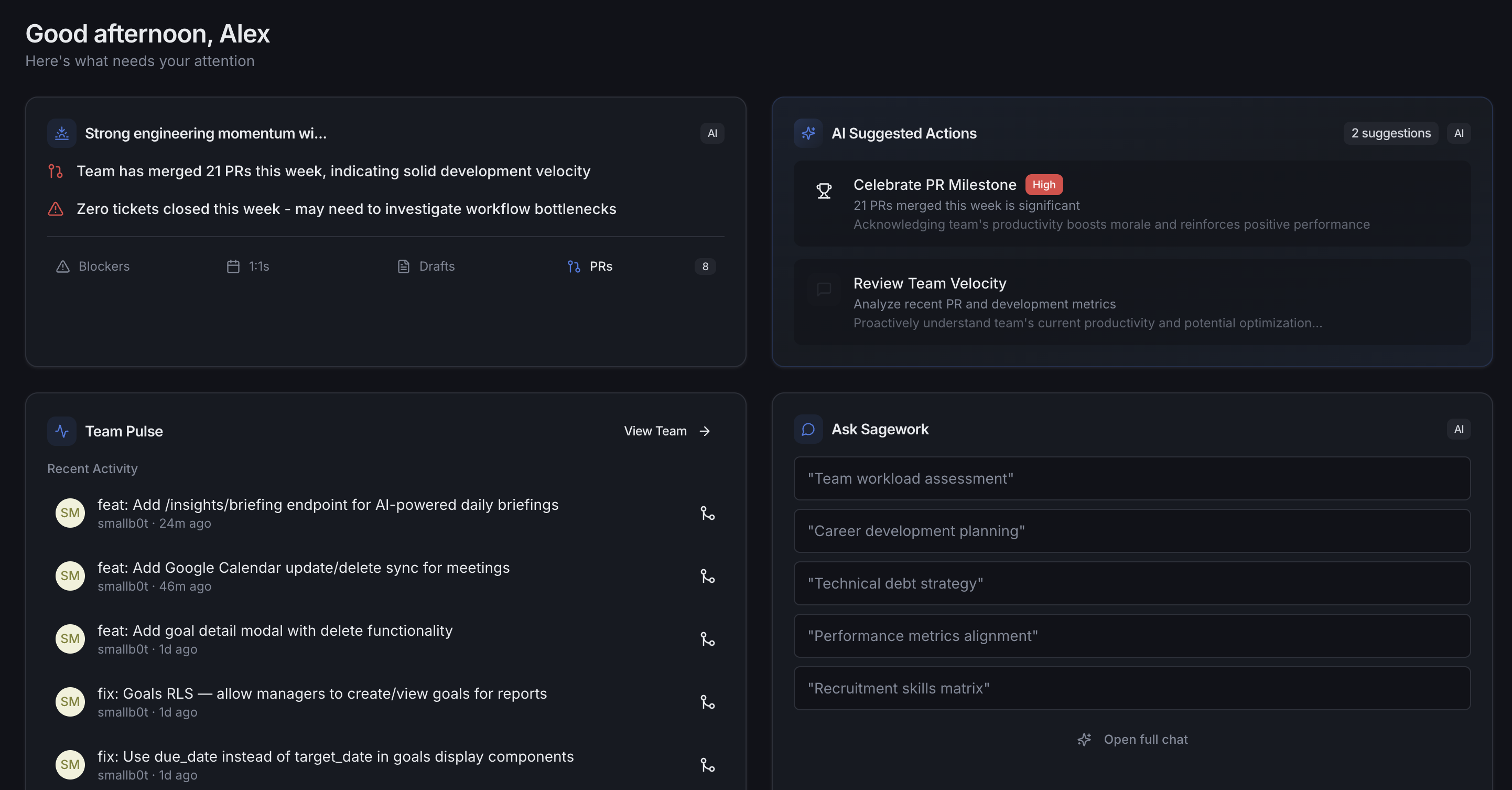 Sagework dashboard with daily briefing, AI actions, and Team Pulse