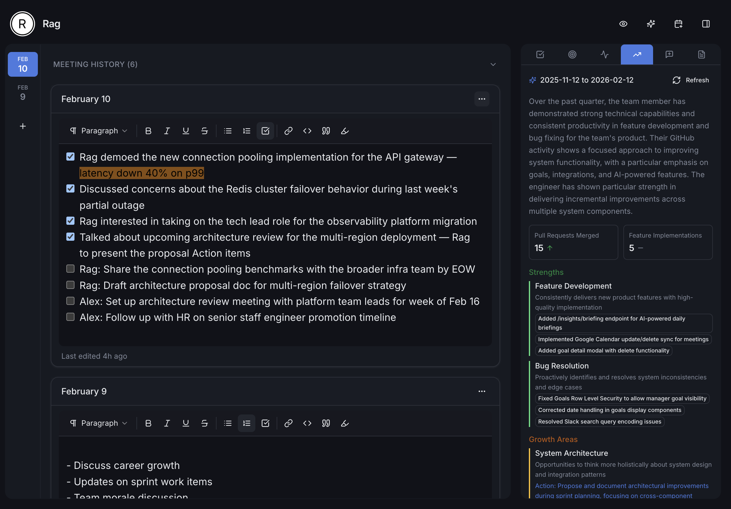 1:1 canvas with rich notes and performance summary sidebar
